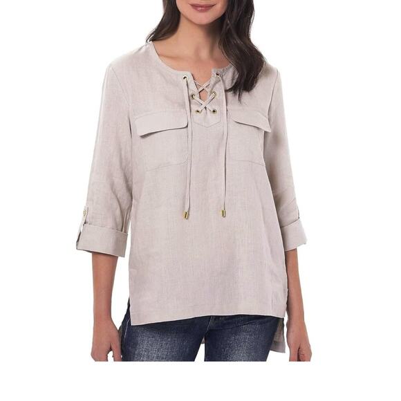 Ellen Tracy Linen Roll Tab Sleeve Tunic Top Size XXL Lace Up Neutral Sand Color - Picture 1 of 7